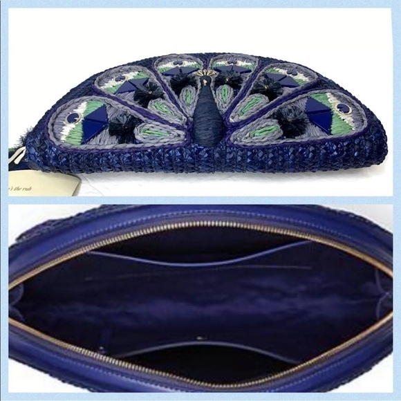 NWT Kate Spade Full Plume Embroidered Straw Peacock Clutch Peacock Wicker Bird - Picture 3 of 6